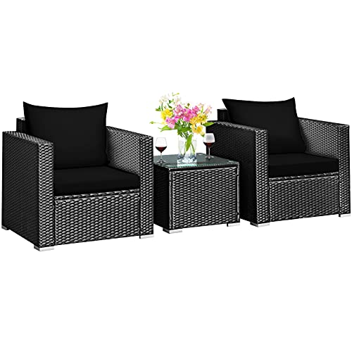 COSTWAY 3PCS Patio Rattan Wicker Furniture Set Sofa Table W/Cushion Yard Black