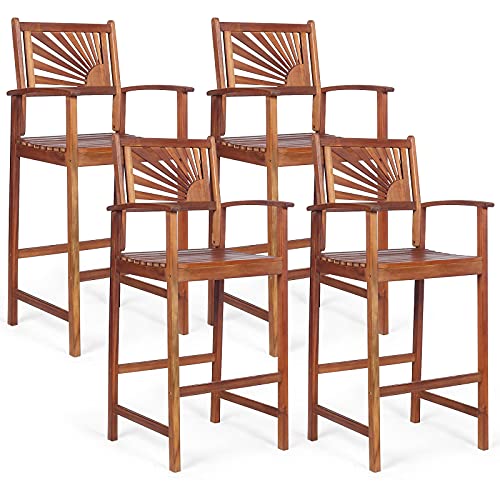 COSTWAY Bar Stools Set of 4, Outdoor Acacia Wood Bar Chairs with Sunflower Backrest, Curved Armrests & Breathable Seat, Ideal for Balcony, Sunroom, Patio, Easy Assembly