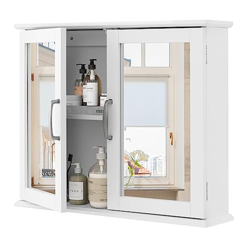 COSTWAY Bathroom Medicine Cabinet with Mirror, Wall Mounted Storage Cabinet with 2 Doors, Over The Toilet Bathroom Wall Cabinet, Mirrored Bathroom Wall Cabinet for Kitchen, Laundry, Entryway, White