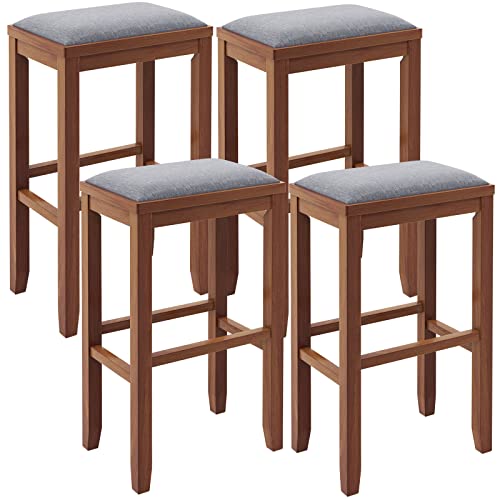 COSTWAY Upholstered Saddle Stools Set of 4, 31-inch Height Vintage Counter Height Chairs with Solid Wood Legs, Modern Backless Design Indoor Bar Stools for Kitchen, Dining, Pub and Bistro, Walnut