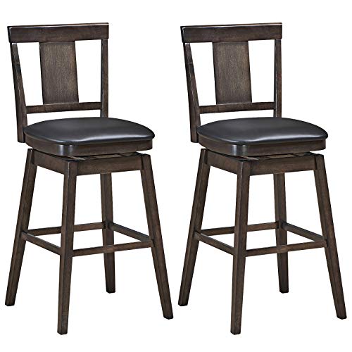 COSTWAY Bar Stools Set of 2, 360 Degree Swivel, Wooden Bar Height Bar Stool, Leather Padded Seat, Single Slat Back & Solid Rubber Wood Legs, Upholstered Stool for Dining and Living Room (2, 29)