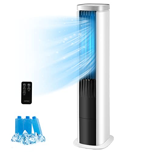 COSTWAY Evaporative Air Cooler, 40-Inch Bladeless Tower Cooler with Remote Control, 4 Ice Packs, 4 Speeds, 7H Timer, 60¡Oscillation, Quiet Portable Swamp Cooler Fan for Bedroom Home Office