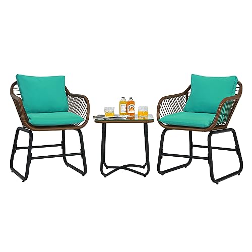 COSTWAY 3PCS Patio Rattan Bistro Set Cushioned Chair Glass Table Deck Turquoise