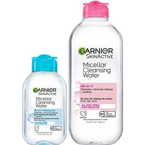 Garnier SkinActive Micellar Cleansing Water, For All Skin Types, 13.5 fl oz + Micellar Cleansing Water, For Waterproof Makeup, 3.4 fl oz