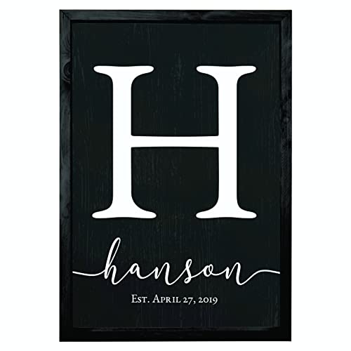 Framed Wooden Family Name Sign Personalized Wood Monogram Choose from Four Sizes (24" x 36", Black Frame, Black Background)