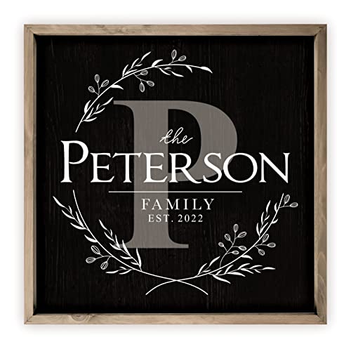 Personalized Square Framed Monogramed Wooden Family Name Sign and Plaque (24" x 24", Black Background)