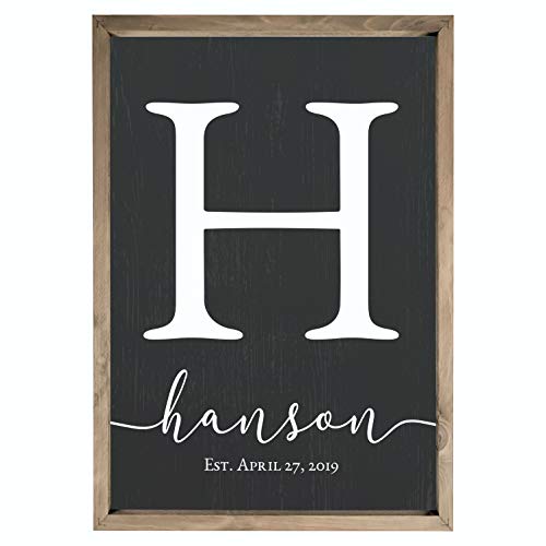 Framed Wooden Family Name Sign Personalized Wood Monogram Choose from Four Sizes (20" x 30", Weathered Grey Frame, Black Background)