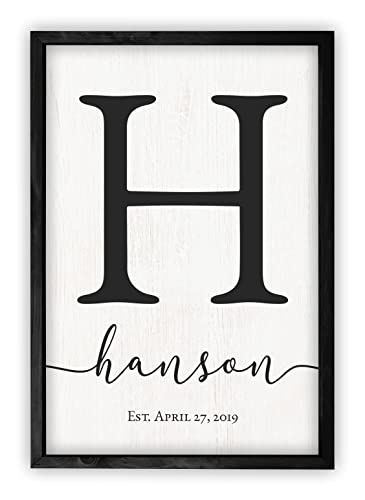 Framed Wooden Family Name Sign Personalized Wood Monogram Choose from Four Sizes (16" x 24", Black Frame, White Background)