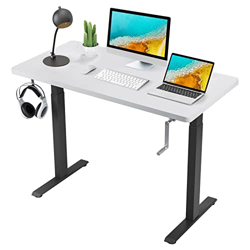 COSTWAY Standing Desk Adjustable Height, 48" x 24" Manual Sit to Stand Desk with Headphone Hook & Cable Tray, Solid One-Piece Table Top for Home & Office (Black and White)