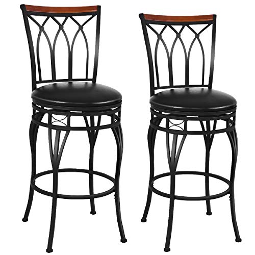 COSTWAY Set of 2 Bar Stool, Swivel Height Adjustable Bar Stool, Counter Bar Chair of Metal Frame, with Backrest, PU and Sponge Cushion, Footrest, Anti-Slip Foot Stakes for Bar Counter Cafe