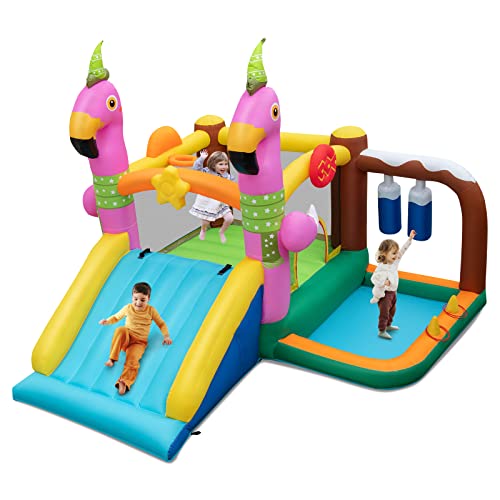 COSTWAY Flamingo-Themed Bounce Castle 7-in-1 Kid Inflatable Jumping House Without Blower