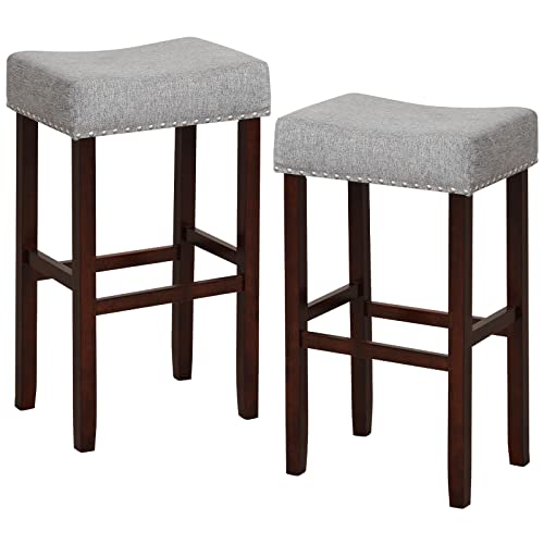 COSTWAY Counter Height Bar Stools Set of 2, 29.5-inch Backless Saddle Stools with Nailhead Trim, Rubber Wood Frame, Footrest, Max Load 330 Lbs, Upholstered Barstools for Kitchen Island Pub, Grey