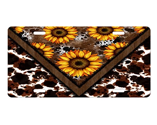 Vanity Decorative Western Aluminum Front License Plate (Cowhide and Sunflowers)