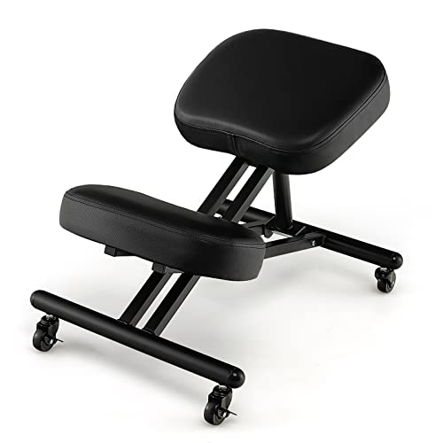 COSTWAY Ergonomic Kneeling Chair, Height Adjustable Stool with 330lbs Capacity, Thick Foam Cushion, Gliding Caster, Angled Seat to Improve Sitting Posture, Kneeling Stools for Office, Black