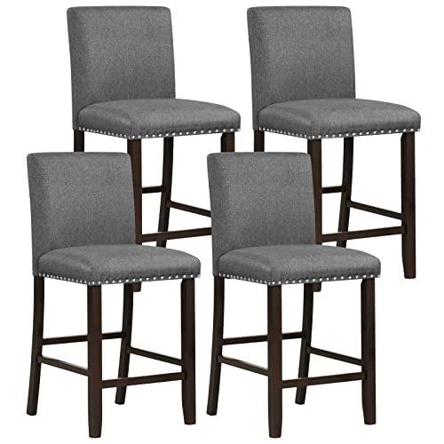 COSTWAY Bar Stools Set of 4, 25.5Ó Linen Fabric Armless Counter Height Chair with Back, Kitchen Island Breakfast Chair for Dining Room, Party Room & Restaurant (4, Grey)