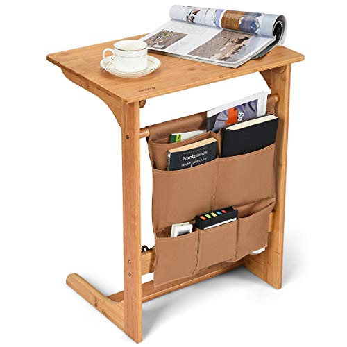 COSTWAY 100% Bamboo Side Table, L-Shaped TV Tray Side Table, Snack End Table Laptop Desk with Storage Bag, U-Shaped Bedroom Reading Writing Desk for Limited Space for Home, Office, Natural