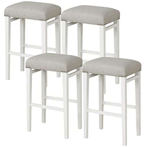 COSTWAY Bar Stools Set of 4, 29.5-inch Counter Height Backless Stools with Padded Seat Cushions, Natural Rubber Wood Legs, Comfortable Footrests, Nailhead Trim Decoration, Anti-slip Pads, Grey + White