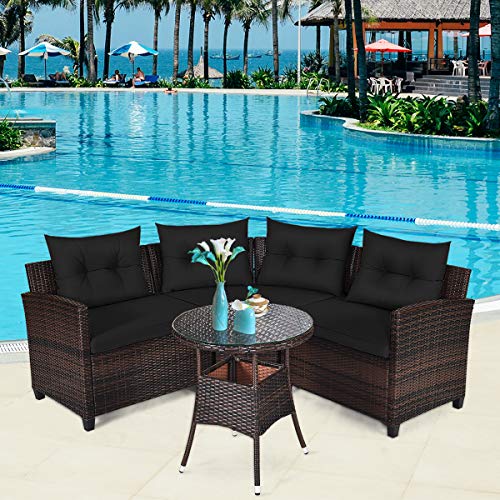 COSTWAY 4PCS Outdoor Patio Rattan Furniture Set Cushioned Sofa Table Black