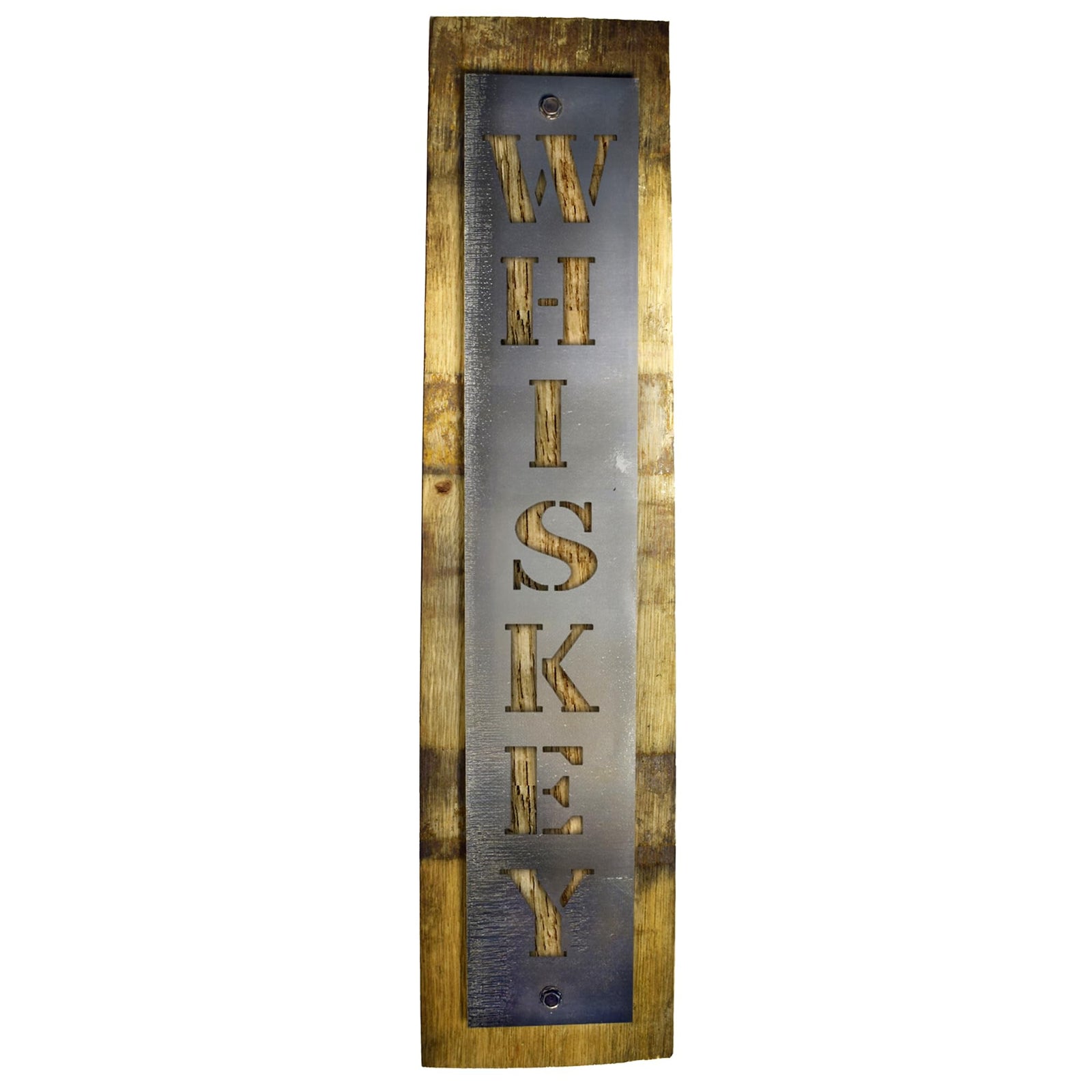 Reclaimed Barrel Stave Wall Sign with Metal Whiskey Cutout Bar Décor