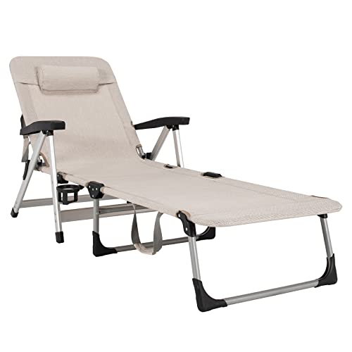 COSTWAY Beach Chaise Lounge Chair Patio Folding Recliner w/ 7 Adjustable Positions Beige