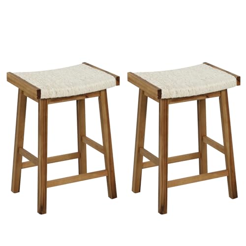 COSTWAY Dining Saddle Stools Set of 2, 25.5-inch Height Bar Stools with Seaweed Woven Seat, Rubber Wood, Acacia Wood Frame, Footrests, Natural Counter Height Stools for Kitchen Island, Dining Room