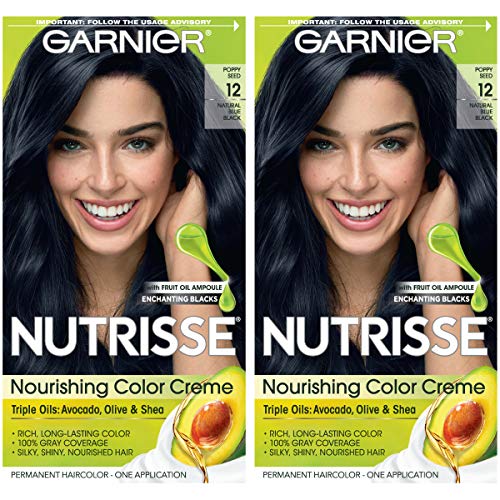 Garnier Hair Color Nutrisse Nourishing Creme, 12 Natural Blue Black (Poppyseed) Permanent Hair Dye, 2 Count (Packaging May Vary)