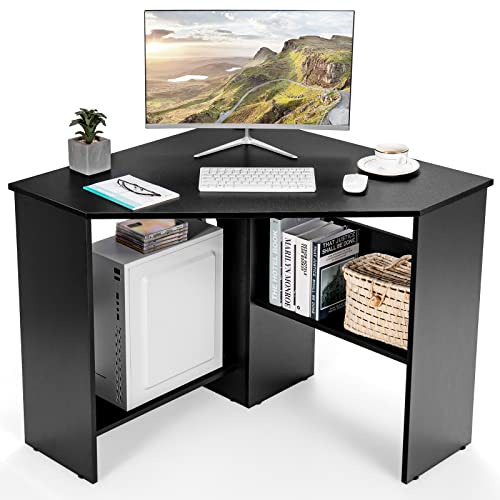 COSTWAY Corner Computer Desk, Space-Saving Triangular Writing Desk w/ 2 Storage Shelves & 2 Cable Holes, Multi-Functional Console Table for Small Space in Home Office, Living Room, Bedroom (Black)