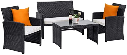 COSTWAY 4PCS Patio Rattan Furniture Conversation Set Cushioned Sofa Table Garden White