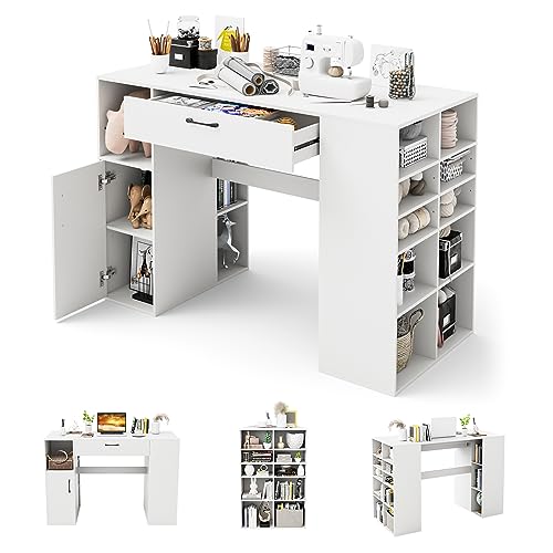 COSTWAY 36” Counter Height Sewing Table, 53 Inch Artwork Craft Table with 14 Open Compartments, 3-Position Adjustable Shelf, 1 Drawer & Cabinet, Project Center Desk Drafting Sewing Workstation, White