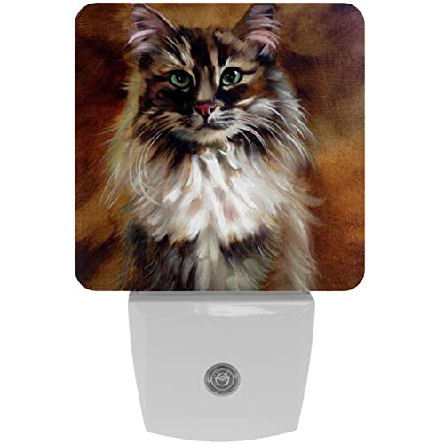 2 Pack Plug-in Nightlight LED Night Light Vintage Cat Painting, Dusk-to-Dawn Sensor for Kid's Room Bathroom, Nursery, Kitchen, Hallway