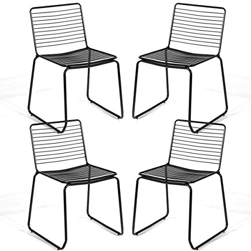 COSTWAY Dining Chair Set of 4, Stackable Chair with Slat Seat Modern Metal Chair with Sturdy Metal Frame Cafe Chair for Indoor Stackable Chair (Black)