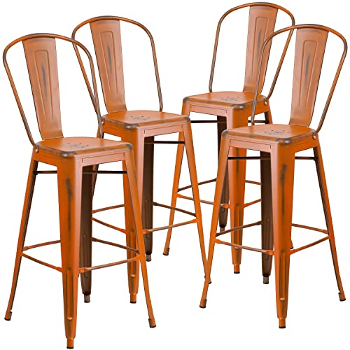 Flash Furniture Blake Commercial Grade 4 Pack 30" High Distressed Orange Metal Indoor-Outdoor Barstool with Back
