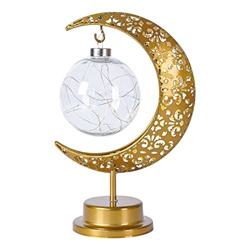 Minhui 11 Inch Height Iron Moon Lamp Led Light Muslim Festival Decorative Ball Lamp Holiday Decorative Atmosphere Modeling Lamp Star Decorative Battery Operated Bedroom Light Night