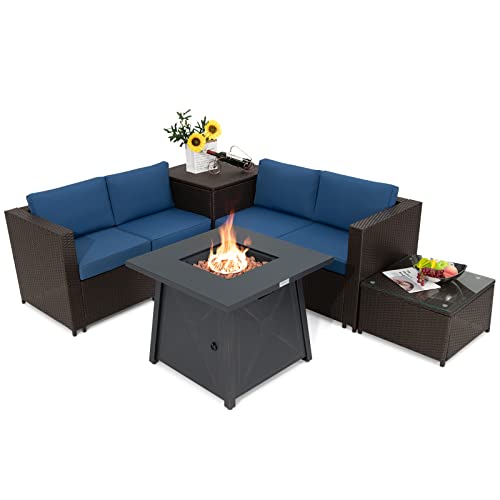 COSTWAY 5PCS Patio Rattan Furniture Set 30" Gas Fire Pit Table W/Cover Navy