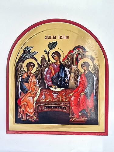 Wooden Byzantine Orthodox Christian Icon The Holy Trinity/The Icon of The Hospitality of Abraham - Rounded Top (9" x 10")