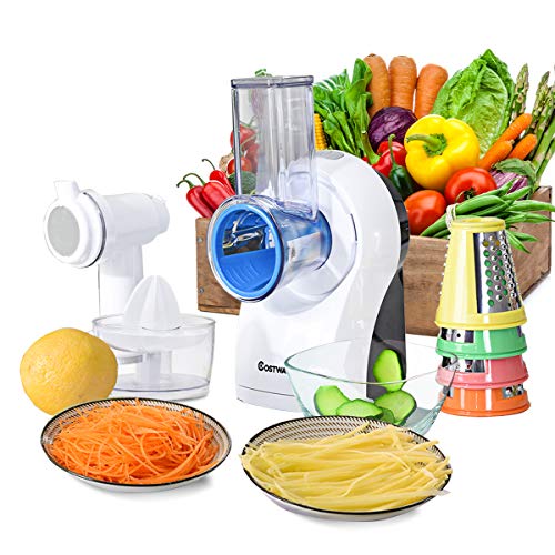 COSTWAY 3-In-1 food Processor, Efficient and Multifunctional Salad Maker Vegetable Slicer Cheese Grater with 5 Stainless Steel Rotary Drum Grater Slicer, Fast Fruit Cutter, Perfect for Kitchen