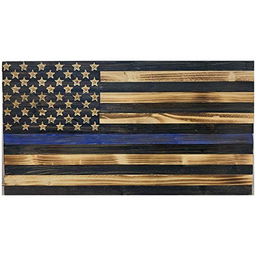 Thin Blue Line Handmade American Wooden Flag to Honor Law Enforcement & Police Office Indoor And Outdoor Use, Rustic Thin Blue Line