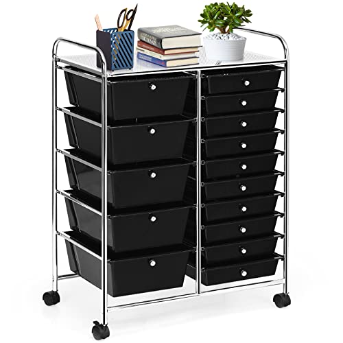 COSTWAY 15 Drawer Rolling Storage Cart, Multipurpose Mobile Storage Organizer w/Removable Drawers & Metal Frame, Utility Tools Paper Organizer on Wheels for Home, Office (Black)