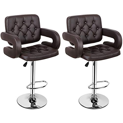 COSTWAY Bar Stools, Swivel PU Leather Barstools with Armrest Adjustable Hydraulic Pub Stools for Bistro Home Office Pub, Bar Stools Set of 2 (Brown)