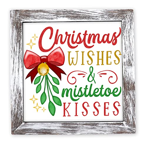 Rustic Christmas Wishes Mistletoe Kisses Sign - Tier Tray Decor - Christmas Decorations (6" x 6")