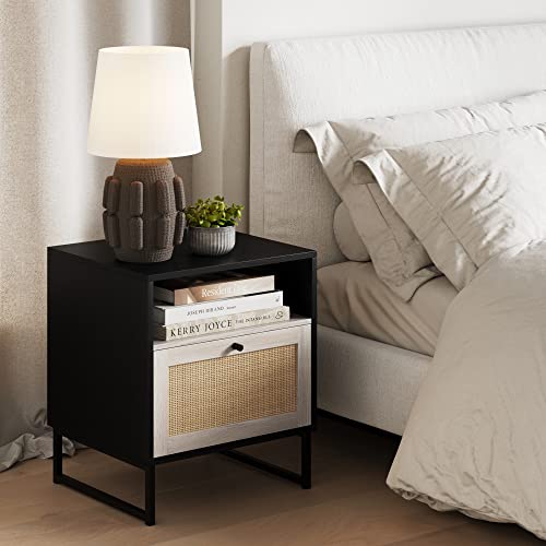 Nathan James Mina Rattan Wood End Side Accent Table Nightstand with Storage, 1, Black Oak/Black