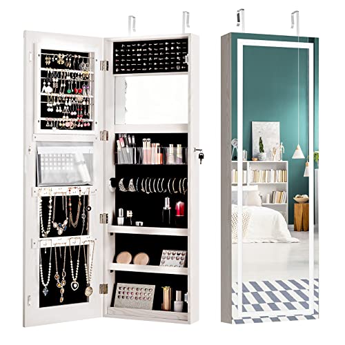 COSTWAY Mirrored Jewelry Armoire, Wall Door Mounted Jewelry Organizer w/Full Length LED Touch Screen Mirror & Large Storage, Lockable Jewelry Storage Cabinet for Living Room, Bedroom (White)