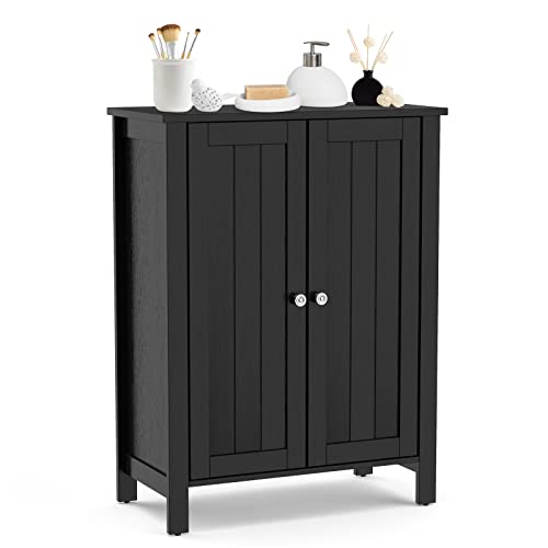 COSTWAY Bathroom Floor Cabinet - Freestanding Side Storage Organizer with Double Doors & Adjustable Shelf, Wooden Storage Cabinet for Living Room, Bedroom, Kitchen, Entryway (Black)