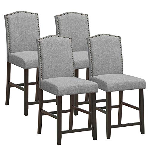 COSTWAY Bar Stools Set of 4, 25'' Upholstered Counter Height Bar Stools with S-Shaped Spring Thick Cushion, Rubber Wood Legs, High Back Leisure Chairs for Living, Kitchen, Dining Room (Grey, 4)