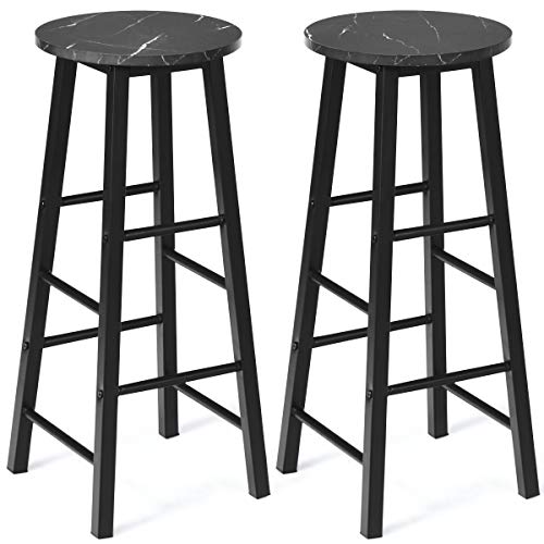 COSTWAY 28Inch Pub Height Bar Stools Set of 2, Faux Marble Bar Stools, Industrial Round Seat Bar Stool, Square Leg Kitchen Counter Stools with Footrest, Pub Dining Height Vintage Bistro Stool (Black)