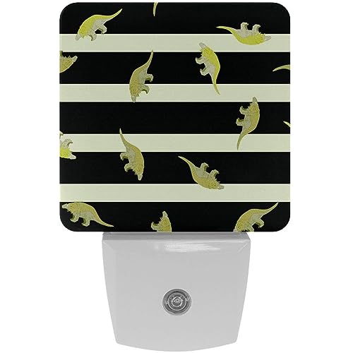 2 Pack Plug-in Nightlight LED Night Light Striped Black and Light Jungle Pattern with Green Random Dinosaurs, Dusk-to-Dawn Sensor for Kid's Room Bathroom, Nursery, Kitchen, Hallway