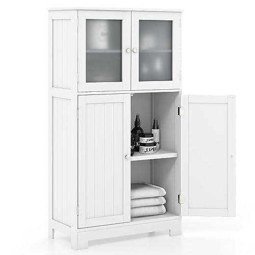 COSTWAY Bathroom Storage Cabinet, Wooden Linen Storage Organizer Cupboard with Doors & Adjustable Shelf, Freestanding Floor Cabinet for Living Room, Kitchen, Entryway, Office (White)