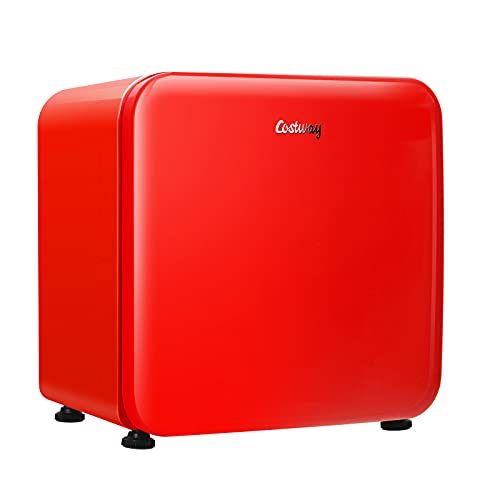 COSTWAY Compact Refrigerator, 1.6 cu ft. Single Door Small Fridge with Adjustable Temperature 32_ to 50_, Auto Defrost, Reversible Door, Removable Glass Shelves, Mini Fridge for Bedroom, Apartment (Red)