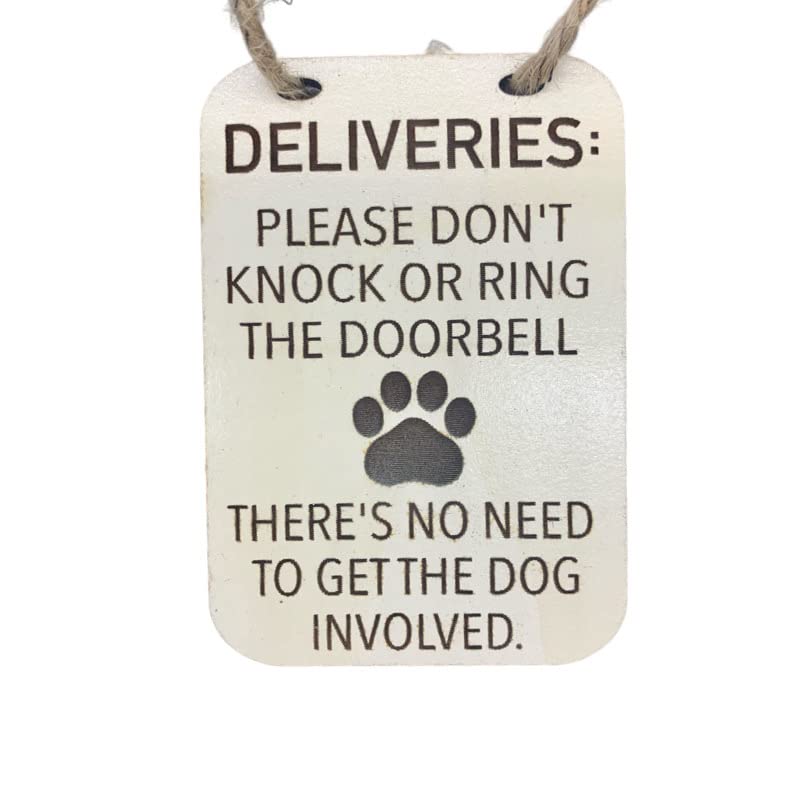 Don't Knock Sign/Don't Ring Bell Sign/Dog Will Bark Sign/Dog Door Hanger/Ring Doorbell Sign/Front Door Sign/Crazy Dog Sign (Ivory Wood)