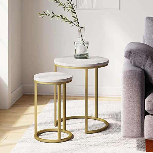 Nathan James Lula Nesting Round Side Set of 2, Accent End Table for Living Room with Wood or Marble Finish Tabletop and Metal Base, White/Gold